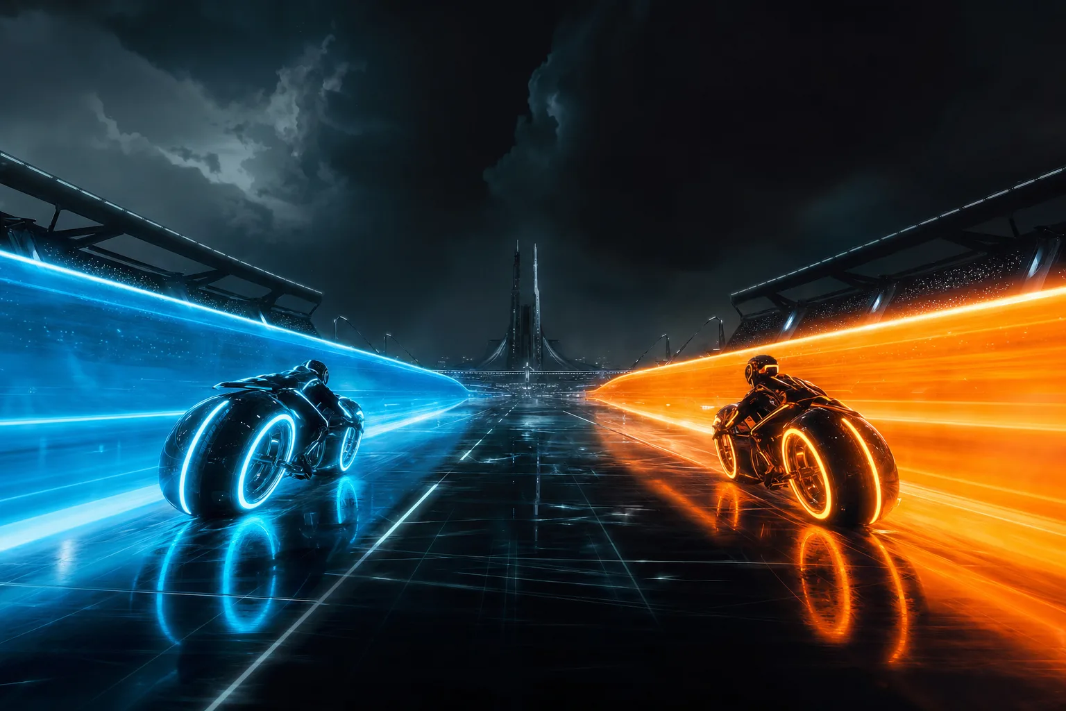 Neon lightcycles racing across a glowing grid arena